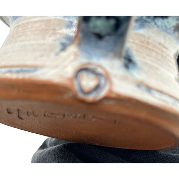 Signed Studio Pottery Footed Mug Cup Blue Glazed Red Clay 4"H x 4"Diam - Picture 7 of 8